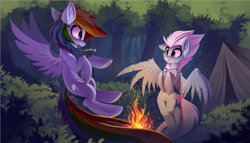 Size: 3053x1746 | Tagged: safe, artist:ramiras, derpibooru exclusive, imported from derpibooru, fleetfoot, rainbow dash, pegasus, pony, camping, clearing, commission, commissioner:fleetfoot, duo, female, fire, fireplace, fleetdash, flying, forest, jewelry, lineless, looking at each other, necklace, shipping, smiling, tent, wallpaper