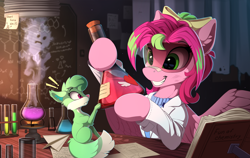 Size: 2400x1515 | Tagged: safe, artist:yakovlev-vad, imported from derpibooru, oc, oc only, oc:gadget, oc:precious metal, ghost, pegasus, pony, book, chemistry, clothes, female, friends, goggles, grin, lab coat, mare, pale belly, patreon, patreon reward, potion, safety goggles, smiling