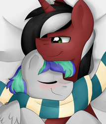 Size: 3000x3500 | Tagged: safe, artist:lionbun, artist:littledreamycat, imported from derpibooru, oc, oc only, oc:phantom, oc:storm feather, pegasus, pony, bed, blushing, clothes, cuddling, eyes closed, gay, male, red and black oc, scarf, shared clothing, shared scarf