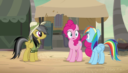 Size: 1280x738 | Tagged: safe, imported from derpibooru, screencap, daring do, pinkie pie, rainbow dash, daring done?, looking at each other, somnambula (location)