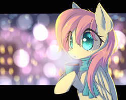 Size: 3300x2631 | Tagged: safe, artist:kawaiipony2, imported from derpibooru, fluttershy, pegasus, pony, clothes, coffee, cup, cute, female, mare, scarf, shyabetes, solo, steam