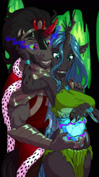 Size: 1000x1780 | Tagged: safe, artist:tyelle, imported from derpibooru, king sombra, queen chrysalis, anthro, changeling, changeling queen, unicorn, armpits, chrysombra, crystal heart, duo, female, male, p<3nies, shipping, stallion, straight