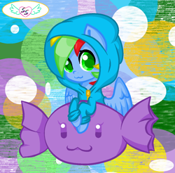 Size: 1020x1004 | Tagged: safe, artist:seraphimstardust, deleted from derpibooru, imported from derpibooru, oc, oc only, oc:dashing thunder, pegasus, pony, candy, chibi, clothes, food, hoodie, solo