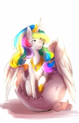 Size: 2587x3987 | Tagged: safe, artist:hakkids2, imported from derpibooru, princess celestia, alicorn, pony, egg, female, mare, simple background, sitting, solo