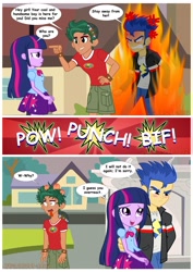 Size: 1600x2263 | Tagged: safe, artist:jucamovi1992, imported from derpibooru, flash sentry, timber spruce, twilight sparkle, human, equestria girls, comic, female, flashlight, jealous, male, shipping, straight