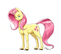 Size: 1400x1241 | Tagged: safe, artist:baron engel, imported from derpibooru, fluttershy, rarity, pony, unicorn, coonfooted, female, looking at you, mare, nightmare night, palette swap, raised eyebrow, realistic horse legs, recolor, simple background, smiling, smirk, solo, white background