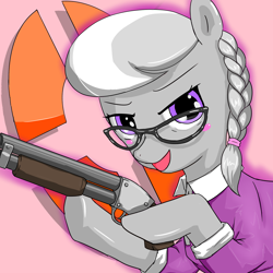 Size: 1600x1600 | Tagged: safe, artist:bauru, imported from derpibooru, silver spoon, clothes, gun, hoof hold, looking at you, miss pauling, shirt, shotgun, team fortress 2, weapon