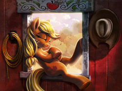 Size: 1600x1188 | Tagged: safe, artist:harwick, imported from derpibooru, applejack, pony, applejack appreciation day, barn, blonde, blonde hair, blonde tail, cowboy hat, cutie mark, eyes closed, female, freckles, hat, lasso, mare, nap, rope, sleeping, smiling, solo, stetson, underhoof