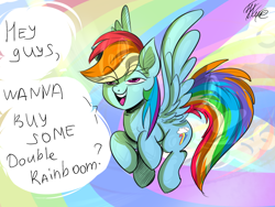 Size: 2000x1500 | Tagged: safe, artist:artmarina-and-sketches, artist:artmarina-arts, imported from derpibooru, rainbow dash, pegasus, pony, double rainboom, abstract background, cloud, dialogue, female, flying, high, lidded eyes, mare, signature, sky, solo, speech bubble, talking