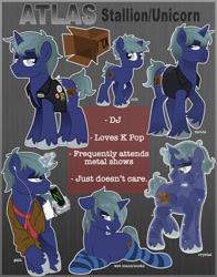 Size: 1024x1303 | Tagged: safe, artist:lostinthetrees, imported from derpibooru, oc, oc only, oc:atlas, pony, unicorn, clothes, colt, magic, male, necktie, reference sheet, solo, stallion, vest