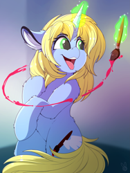 Size: 1879x2495 | Tagged: safe, artist:meggchan, derpibooru exclusive, imported from derpibooru, oc, oc only, oc:art's desire, unicorn, ear fluff, female, glowing horn, happy, magic, mare, paint, paintbrush, smiling, solo, telekinesis