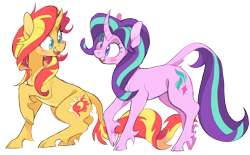 Size: 1386x859 | Tagged: safe, artist:xenon, imported from derpibooru, starlight glimmer, sunset shimmer, classical unicorn, pony, unicorn, blushing, cloven hooves, curved horn, duo, female, horn, leonine tail, looking at each other, mare, open mouth, simple background, smiling, transparent background, unshorn fetlocks