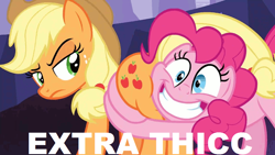 Size: 888x500 | Tagged: safe, artist:brandonale, edit, edited screencap, imported from derpibooru, screencap, applejack, pinkie pie, pony, shadow play, applebutt, butt, butt touch, butthug, extra thicc, faceful of ass, faic, hug, image macro, meme, pinkie hugging applejack's butt, plot, samurai jack, the ass was fat, thick