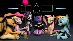 Size: 1920x1080 | Tagged: safe, artist:szczerbix, imported from derpibooru, applejack, fluttershy, pinkie pie, rainbow dash, rarity, twilight sparkle, alicorn, 3d, balloon, book, cider, food, mane six, popcorn, sitting, twilight sparkle (alicorn)