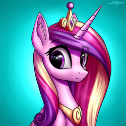 Size: 3000x3000 | Tagged: safe, artist:setharu, imported from derpibooru, princess cadance, alicorn, pony, bust, crown, cute, cutedance, ear fluff, female, folded wings, jewelry, looking away, mare, portrait, regalia, signature, smiling, solo