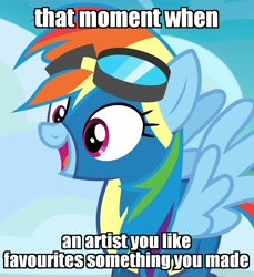 Size: 990x1080 | Tagged: safe, edit, edited screencap, imported from derpibooru, screencap, rainbow dash, secrets and pies, clothes, cropped, cute, dashabetes, female, goggles, happy, image macro, meme, smiling, solo, spread wings, uniform, wings, wonderbolts uniform