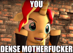 Size: 7472x5400 | Tagged: safe, artist:imafutureguitarhero, imported from derpibooru, sunset shimmer, pony, unicorn, 3d, absurd resolution, brick wall, bricks, buddy pine, bust, clothes, female, floppy ears, gunshow, hooves up, jacket, leather jacket, meme, open mouth, raised hooves, reaction image, solo, source filmmaker, syndrome, the anime club, the incredibles, vulgar, wall, wide eyes, you dense motherfucker