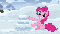 Size: 1280x720 | Tagged: safe, imported from derpibooru, screencap, pinkie pie, pony, not asking for trouble, cake, female, food, mare, snow, snow cake, solo