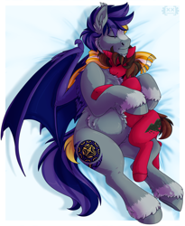 Size: 1640x2000 | Tagged: safe, artist:locosaltinc, imported from derpibooru, oc, oc only, oc:diomades, oc:grease lightning, bat pony, pony, unicorn, bed, chest fluff, clothes, cuddling, eyes closed, female, hug, male, mare, scarf, snuggling, stallion, wings