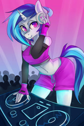 Size: 2100x3150 | Tagged: safe, artist:crystalfilth, imported from derpibooru, dj pon-3, vinyl scratch, anthro, clothes, fingerless gloves, gloves, headphones, turntable