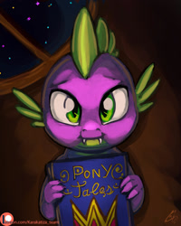 Size: 800x1000 | Tagged: safe, artist:kirillk, artist:lexx2dot0, imported from derpibooru, spike, dragon, bedtime story, book, collaboration, cute, fangs, hnnng, looking at you, male, night, patreon, patreon logo, smiling, solo, spikabetes, stars, window