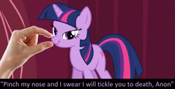 Size: 1166x590 | Tagged: safe, edit, edited screencap, imported from derpibooru, screencap, twilight sparkle, too many pinkie pies, boop, boop edit, bronybait, cute, female, hand, meta, nose wrinkle, pinch, scrunchy face, solo, tickling