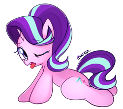 Size: 1449x1279 | Tagged: safe, artist:maren, imported from derpibooru, starlight glimmer, pony, unicorn, cute, drool, female, glimmerbetes, lying down, mare, one eye closed, open mouth, simple background, solo, tongue out, white background