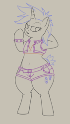 Size: 334x593 | Tagged: safe, artist:andelai, imported from derpibooru, rarity, semi-anthro, unicorn, it isn't the mane thing about you, alternate hairstyle, arm hooves, belly button, bracelet, clothes, female, jewelry, lidded eyes, punk, raripunk, shorts, sketch, solo, vest, wide hips