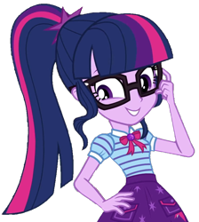 Size: 919x1027 | Tagged: safe, artist:thebar, edit, edited screencap, imported from derpibooru, screencap, sci-twi, twilight sparkle, equestria girls, equestria girls series, star crossed, background removed, bowtie, cute, female, geode of telekinesis, glasses, hand on hip, jewelry, not a vector, pendant, ponytail, simple background, smiling, solo, transparent background, twiabetes