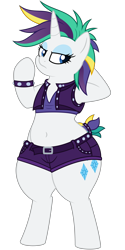 Size: 4688x9375 | Tagged: safe, artist:andelai, artist:besttubahorse, imported from derpibooru, rarity, semi-anthro, unicorn, it isn't the mane thing about you, absurd resolution, alternate hairstyle, arm hooves, belly button, belt, bipedal, bracelet, chubby, clothes, collaboration, female, jewelry, lidded eyes, midriff, punk, raripunk, shorts, simple background, solo, transparent background, unamused, vector, vector trace, vest, wide hips