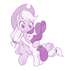 Size: 946x1000 | Tagged: safe, artist:dstears, imported from derpibooru, apple bloom, applejack, earth pony, pony, adorabloom, bow, cowboy hat, cute, eyes closed, female, filly, freckles, hair bow, hat, hug, jackabetes, mare, monochrome, simple background, sisters, smiling, stetson, white background