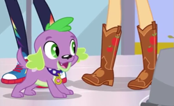 Size: 529x324 | Tagged: safe, imported from derpibooru, screencap, applejack, rainbow dash, spike, spike the regular dog, dog, equestria girls, equestria girls series, apple, boots, converse, cowboy boots, cropped, food, legs, paws, pictures of legs, shoes, sneakers