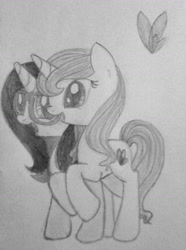 Size: 871x1171 | Tagged: safe, artist:beetrue, imported from derpibooru, oc, oc only, oc:free spirit, oc:golden aurora, butterfly, pony, unicorn, duo, female, mare, monochrome, traditional art