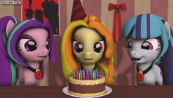 Size: 3840x2160 | Tagged: safe, artist:goatcanon, imported from derpibooru, adagio dazzle, aria blaze, sonata dusk, starlight glimmer, pony, 3d, birthday, cake, commission, food, poster, source filmmaker