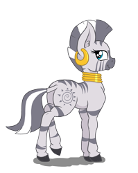 Size: 1477x1855 | Tagged: safe, artist:paskanaakka, derpibooru exclusive, imported from derpibooru, zecora, zebra, butt, ear fluff, ear piercing, earring, female, jewelry, looking back, missing accessory, neck rings, piercing, plot, quadrupedal, simple background, smiling, solo, transparent background, zecorass
