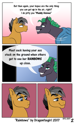 Size: 1063x1774 | Tagged: safe, artist:dragonfoxgirl, imported from derpibooru, quibble pants, oc, oc:random jerk stallion, earth pony, pegasus, pony, comic:rainbows, clothes, comic, female, male, mare, racism, smiling, smirk, smug, stallion, uniform, vulgar, wonderbolts uniform