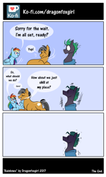 Size: 1063x1774 | Tagged: safe, artist:dragonfoxgirl, imported from derpibooru, quibble pants, rainbow dash, oc, oc:random jerk stallion, earth pony, pegasus, pony, comic:rainbows, clothes, comic, female, male, mare, owned, quibbledash, shipping, stallion, straight, stunned, uniform, wonderbolts uniform