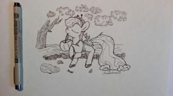 Size: 900x505 | Tagged: safe, artist:hirundoarvensis, imported from derpibooru, oc, oc only, oc:willow, duck, original species, pond pony, eyes closed, female, mare, monochrome, raised hoof, solo, traditional art, tree