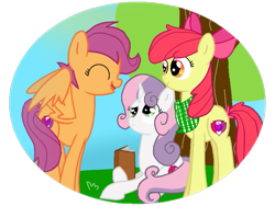 Size: 757x568 | Tagged: safe, artist:dsfranch, imported from derpibooru, apple bloom, scootaloo, sweetie belle, pony, book, cutie mark crusaders, older, prone