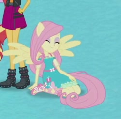 Size: 386x380 | Tagged: safe, imported from derpibooru, screencap, fluttershy, sunset shimmer, equestria girls, equestria girls series, boots, clothes, cropped, cute, female, high heel boots, ponied up, pony ears, sandals, shoes, shyabetes, skirt, smiling, wings