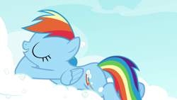 Size: 1280x720 | Tagged: safe, imported from derpibooru, screencap, rainbow dash, pegasus, pony, testing testing 1-2-3, butt, cloud, eyes closed, female, mare, open mouth, plot, solo