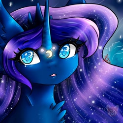 Size: 900x900 | Tagged: safe, artist:niniibear, imported from derpibooru, princess luna, alicorn, blue, bust, cute, female, fluffy, lunabetes, moon, portrait, purple, solo, sparkles, starry eyes, wingding eyes