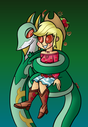 Size: 740x1060 | Tagged: safe, artist:snakeythingy, imported from derpibooru, applejack, serperior, snake, equestria girls, legend of everfree, blushing, camp fashion show outfit, coils, crossover, gradient background, kaa eyes, looking at each other, mind control, pokémon, story included