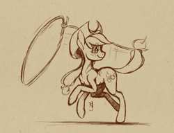 Size: 952x730 | Tagged: safe, artist:skrapbox, imported from derpibooru, applejack, earth pony, pony, cowboy hat, digital art, female, hat, mare, monochrome, rope, solo