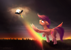 Size: 1432x1013 | Tagged: safe, artist:vincher, imported from derpibooru, rainbow dash, scootaloo, pegasus, pony, cliff, duo, floppy ears, flying, rainbow trail, raised hoof, scootaloo can't fly, spread wings, sun, wings