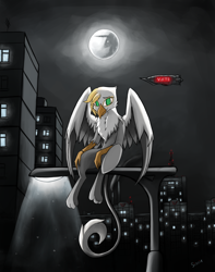 Size: 3000x3800 | Tagged: safe, artist:sinniepony, imported from derpibooru, oc, oc only, griffon, airship, city, cityscape, green eyes, lonely, mare in the moon, moon, night, russian, solo, stalliongrad, wings, zeppelin