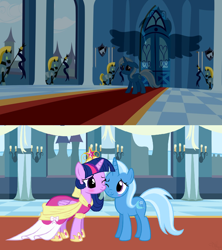 Size: 1188x1338 | Tagged: safe, artist:navitaserussirus, edit, imported from derpibooru, trixie, twilight sparkle, alicorn, magical mystery cure, big crown thingy, blushing, clothes, coronation dress, cute, dress, female, jewelry, lesbian, regalia, shipping, twilight sparkle (alicorn), twixie