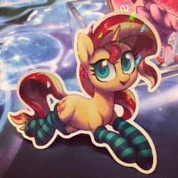 Size: 1280x1280 | Tagged: safe, artist:dawnfire, imported from derpibooru, sunset shimmer, pony, unicorn, clothes, cute, female, irl, looking at you, mare, photo, socks, solo, sticker, striped socks
