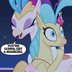 Size: 500x500 | Tagged: safe, edit, edited screencap, imported from derpibooru, screencap, princess skystar, queen novo, classical hippogriff, hippogriff, my little pony: the movie, my little pony: the movie adaptation, spoiler:my little pony movie adaptation, horrified, imminent spanking, implied spanking, meme, spanking, speech bubble