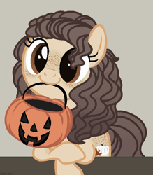 Size: 630x720 | Tagged: safe, artist:pgthehomicidalmaniac, imported from derpibooru, oc, oc only, oc:lumina, earth pony, pony, base used, female, hair over one eye, halloween, holiday, jack-o-lantern, looking at you, mare, pumpkin, pumpkin bucket, simple background, solo, to saddlebags and back again
